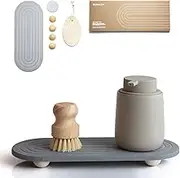 RIOMZY Instant Dry Sink Caddy Organizer – Water Absorbing Stone Tray for Kitchen Bathroom Countertop, Fast Drying Sink Caddy (with Wooden Feet and Natural Loofah, Gray)