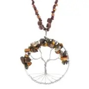 Tree Of Life Wire-wrap Tiger Eye Mineral Chips Pendant Necklace, 2 5/16"
