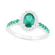 Oval Lab-Created Emerald and White Sapphire Scallop Frame Ring in Sterling Silver