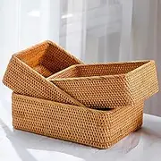 ZENFUN 3 Pack Rectangular Rattan Storage Baskets, Bulk Shallow Wicker Baskets for Decor, Handmade Woven Nesting Bread Baskets for Organizing, Serving, for Kitchen, Home, 3 Sizes