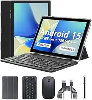 Android 15 Tablet 10 Inch, 18GB RAM+128GB ROM/2TB Expandable, 2 in 1 Tablets with Keyboard Case Mouse Stylus, 2.0GHz Quad-core Processor, 1280*800 IPS HD Screen, 5G WiFi 6 BT 5.0, 8MP Camera Tablet PC
