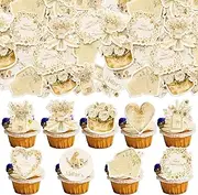 Ephlyn 54Pcs Edible Happy Mother's Day Cupcake Toppers Heart Love Mom Cake Drink Topper Picks Flowers Cake Decoration for Mom's Birthday Party Cake Decor Supplies Champagne Gold