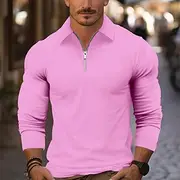 Men's Zip Polo Golf Shirt Work Casual Lapel Long Sleeve Basic Modern Plain Zipper Spring Fall Regular Fit Wine Black White Pink Navy Blue Blue Zip Polo