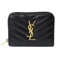 在飛比找momo購物網優惠-【YSL】MONOGRAM 魚子醬粒面壓紋對拉鍊短夾(金字-