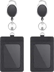 2 Pack Badge Holders and Heavy Duty Retractable Reel Clips Set, Vertical Leather ID Badge Holders with 1 Clear ID Window & 2 Credit Card Slots