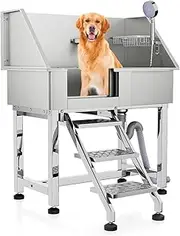 MoNiBloom 32" Dog Washing Station for Home, Stainless Steel Small Dog Washing Station with Complete Accessories & Steps, Sliding Door Pet Shower Sink Load Up to 110 lbs Capacity