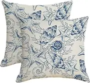 HOSTECCO Seashell Waterproof Throw Pillow Covers 18x18 inch Set of 2 Light Blue Toile Pillow Cases Sea Coastal Outdoor Decorative Cushion Covers for Patio Balcony