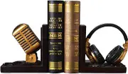 Unique Bookends Microphone Headphones Unique Decorative Bookends - Creative Resin Book Stoppers Anti-Slip Heavy Duty Bookends for Home Decor Gift Antique Decor