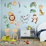Amimagen Forest Baby Animals Wall Stickers - Elephant Lion Tiger Giraffe Hippo Wall Decals - Baby Nursery Kids Room Daycare Playroom Classroom Wall Decor