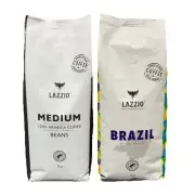 2 x LAZZIO Coffee Beans 1KG - Medium Roast & Brazil - Coffee Espresso Beans 1KG