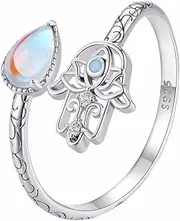 [Qings] Hand of Fatima Adjustable Rings for Women 925 Sterling Silver Hamsa Open Ring Lotus Yoga Ring Happy Protective Rings Jewellery Gifts for Women Girls, No Gemstone