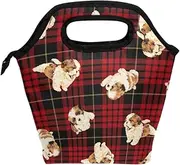 Mydaily Lunch Box Dog Plaid Gingham Checkered Reusable Insulated School Lunch Bag for Women Kids