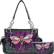 [WESTERN ORIGIN] Colorful Dragonfly Western Style Spring Rhinestone Studded Purse Leather Country Handbag Women Shoulder Bag Wallet Set