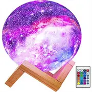 Nevenka Kids Night Light Rechargable Galaxy Lamp 16 Colors LED 3D Star Moon Light with Wood Stand and Remote Control