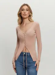 GUESS Women's Beige Selene Lace Up Cardigan Size: XL, Viscose Rayon