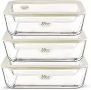 Urban Green Glass Food Storage Container Sets with Glass Lids, 3 Pack, Meal Prep Food Containers with Airtight Lids, Microwave Safe, Oven Safe, LeakProof, 100% Plastic Free, (White Color)