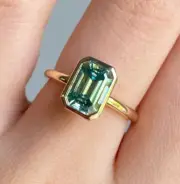 Dark Green Moissanite Ring Bezel Set Emerald Cut Moissanite Promise Ring For Her