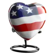 American Flag Heart Urn Keepsake - Small Heart Cremation Urn with Stand & Box