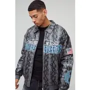 Mens Grey Oversized Snake Homme Applique Varsity Collared Bomber Jacket