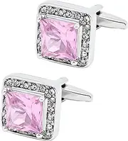 [Jonwo] Pink Crystal Square Silver Cufflinks for Men Lady In Gift Case Classic Faceted Gemstone Men's Cufflinks Jewelry Set for Wedding Anniversary Business Party Events Tuxedo Dress, 0.63 Inch,
