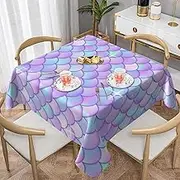 Mermaid Table Cloth 60 x 60 Inch Square Tablecloth Stain Resistant Picnic Polyester Table Cover Washable for Kitchen, Dining Room, Camping, Picnic