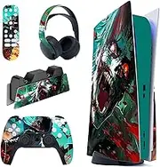 PlayVital Full Set Skin Decal for PS5 Console Disc Edition, Sticker Vinyl Decal Cover for PS5 Controller & Charging Station & Headset & Media Remote - Raging Zombie