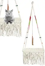 Buhyujkm Macrame Cat Swing Bed, Boho Wall-Mounted Hanging Hammock Small Cats, 19.69x11.81x52.36 inches, Handmade Woven Macrame Pet Bed, Space-Saving Cozy Swinging Perch for Indoor Kittens