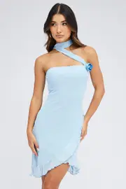 Blue Mini Dress Sleeveless Scarf Ruffled Rosette Brooch - Size 14, Women's Bodycon Dress