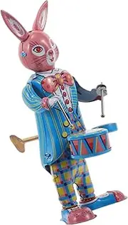 TOBBOMEY Iron Crafted Drumming Rabbit Toy for Boys and Girls Cafe Decor Retro Style
