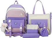 [Generic] School Backpack Combo Set, 5Pcs Canvas School Backpack Combo Set, Kaawaii School Backpacks for Girls Student, Cute Aesthetic Backpack With Cute Pendants for Teen Girls