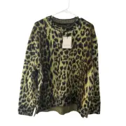 NWT AllSaints Lex Jumper in Electric Yellow Leopard Print Mohair Blend Size L