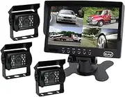 Elinz 7" Quad Monitor Splitscreen 4 Pin with 3 Cameras Package 120 Degree Wide Angle CCD IR Night Vision IP68 Built in Speakers 800x480 12V 24V