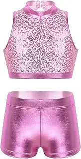 [Lejafay] Girls 2Pcs Tankini Dance Outfits Sequin Crop Top with Metallic Bottoms Set for Ballet Gymnastics
