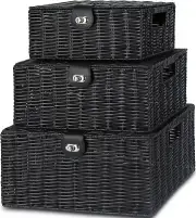 Black Wicker Storage Baskets - Set of 3 Decorative Nesting Boxes with Lids, W...