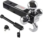 TOPTOW 64180HL Trailer Receiver Hitch Triple Ball Mount with Hook, Fits for 2 inch Receiver, Chrome Balls, 2 inch Shank, with 5/8 inch Black Dogbone Lock