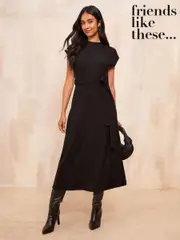 Friends Like These Black Button Shoulder Rib Midi Dress With Tie Belt Detailing (F12002) | $70