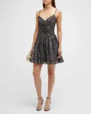 Aidan By Aidan Mattox Pleated Metallic Chiffon Asymmetric Mini Dress 8 NWT $295