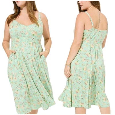 Torrid NWT Midi Super Soft Button-Front Skater Dress Size 3X Green Floral Pocket