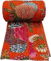 Sophia Art Indian Fruit Reversible Bedspread Pattern Blue Gudri Pure Cotton Kantha Style Queen Size Quilt Bed Spread Floral & Fruit Print Decorative Kantha Stitch Quilt 88X106nch. (Orange)