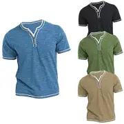Mens Henley T-shirt Plain Short Sleeve V Neck Top Casual Summer