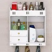 Wall Cabinet Hanging Bathroom Storage Organizer Double Drawers and Open Shelf Free Punching 15 x 7 x 16 Inches Wood Hanging Cabinet White