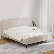 Artiss King Bed Frame Platform Wooden Base Beds with Storage Bedroom Room Decor Home Furniture, Upholstered with Faux Linen Fabric + Foam + Wood, Modern Design Beige