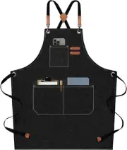 Chef Aprons for Men Women with Large Pockets, Cotton Canvas Cross Back Black