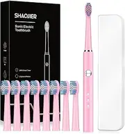 SHAOJIER Sonic Electric Toothbrush for Adults and Kids, USB Rechargeable Sonic Toothbrush with 8 Brush Heads, Smart Timer, 3 Modes, Travel case (Pink)