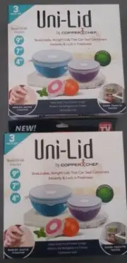 2X Uni-lid By Copper Chef 3 Piece Set each FITS SIZES 9" 7" 4" Round Lids