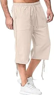 [JEShifangjiusu] Men's Causual 3/4 Long Cotton Shorts Drawstring Elastic Waist Cargo Straight Shorts Wide Leg Baggy Pants, Khaki B1, XL