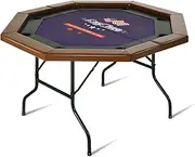 REAHOISY 8 Players Poker Table Foldable,50inch Upgraded Folding Octagon Casion Table, Portable Texas Holedem Table w/Stainless Steel Cup Holders, Water-Resistant Cushioned Rail (Brown)