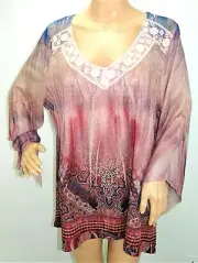 One World Live and Let Live Women Size S Floral Mauve Tunic Top Blouse Shirt