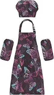 AIXIWAWA Kids Apron Chef Hat Set, Child Kitchen Bib Aprons Adjustable for Cooking Baking Painting (Neon Purple Butterfly)