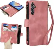 [GoshukunTech] for Samsung Galaxy A15 5G Wallet Case with 9 Card Holders,for Galaxy A15 5G Case Zipper Coin Pocket PU Leather Flip Cover Kickstand Protective Phone Purse with Wrist Strap-Pink